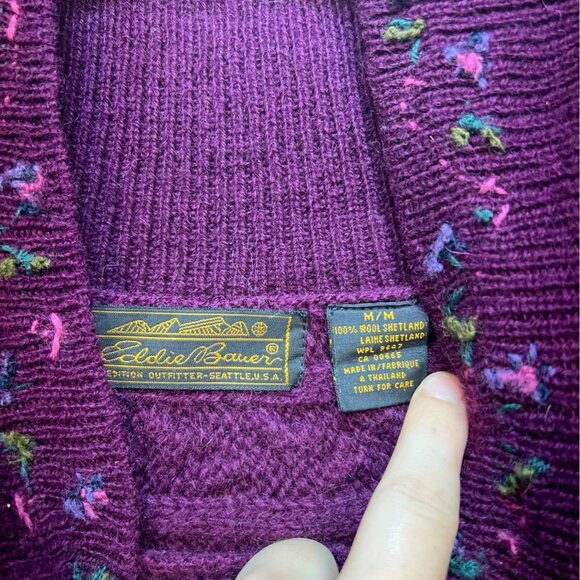 Eddie Bauer Womens Wool Sweater Medium Purple Floral Embroidered Pullover Cozy - Picture 2 of 12